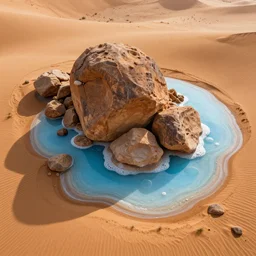 obsidian boulders outdoor sculpture, orange sand desert with pools of milky blue water, bubbles, light leaks, birds eye view
