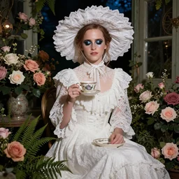 full body fashion model emma watson smokey eyes makeup eye shadow fantasy, glow, shimmer as victorian woman in a long white frilly lace dress and a large white hat having tea in a sunroom filled with flowers, roses and lush fern flowers ,intricate, night, highly detailed, dramatic lighting , high quality by Hasui Kawase by Richard Schmid