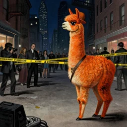 an orange llama wearing a 1 9 4 0's noire detective outfit, standing in the streets of chicago at night looking at a crime scene, crime scene photography d & d, fantasy, intricate, artstation, matte, sharp focus, illustration, zdzisław beksinski, gustave dore, caravaggio, abduzeedo