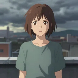 a beautiful british woman with short brown hair, gentle, somber amber eyes, standing on a rooftop, storm in the distance, basic clothing, digital art by makoto shinkai ilya kuvshinov and wojtek fus, digital art, concept art,