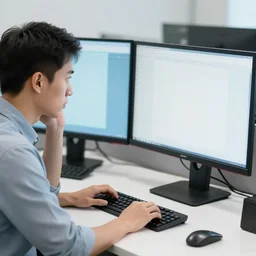 man looking impatiently at two computer monitors on an office desk with the stable diffusion logo on one monitor and the paypal logo on the other monitor