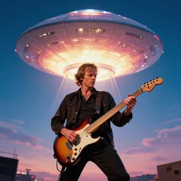 color photos of roy buchanan playing his telecaster as a giant glowing ufo floats in the sky above him, cinematic