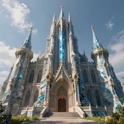 an imposing and highly ornamented fantasy castle, carved from sapphire stone, cinematic view, epic sky, detailed, concept art, low angle, high detail, warm lighting, volumetric, vivid, beautiful, trending on artstation, by jordan grimmer, huge scene, grass, art greg rutkowski