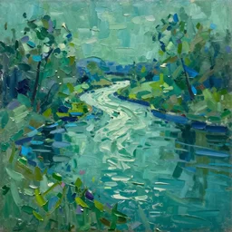 textured impasto oil on canvas painting, solid greenish - blue, the color of a river, modern art