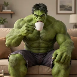 A high definition photo of the incredible hulk drinking a cup of coffee on a couch in his living room, hyperdetailed, artstation, digital art, photorealism, accurate, 8k,