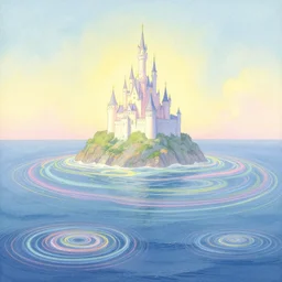 a still frame of the ocean with a single magical castle on a mountain, colorful swirly magic ripples, pastel colors, by greg manchess, huang guangjian, gil elvgren, sachin teng, greg rutkowski, jesper ejsing