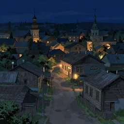 an empty old ukrainian town in an anime style at night
