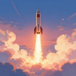 a rocket launching into the sky, sunset, fluffy clouds, beautiful digital art, pixiv