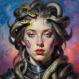 hyperrealism oil painting, close - up portrait of face from a tangle of snakes fashion model, knight, street art gradient mixed with nebula sky, in style of baroque