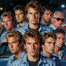 a closeup portrait painting of eighties miami vice, night, car, ultra realistic, highly detailed faces, true life, 8 k, masterpiece, cinematic, by frank frazetta, greg rutkowski, yoko taro, christian macnevin, beeple, wlop, krenz cushart, epic character art, volumetric lighting