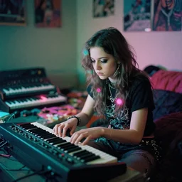 agfa vista 4 0 0 photograph of a cluttered 9 0 s teenager tumblr girl in goth punk rock bedroom, synth vibe, vaporwave colors, lens flare, moody lighting, moody vibe, telephoto, 9 0 s vibe, blurry background, grain, tranquil, calm, faded, photorealistic, high detail