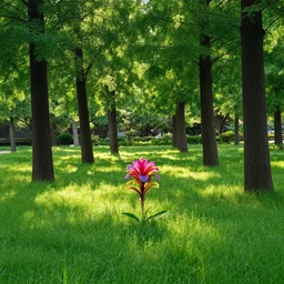 A beautiful and colorful flower in the middle of a green and beautiful garden with tall trees where water drops shine on the grass and the sun shines gently on the leaves of the trees, professional photography