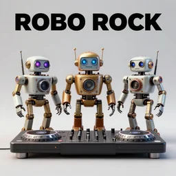 album art, bandname is robo rock, trance music with 3 steampunk robots on a dj desk with a cd mixer, 8 k, flourescent colors, halluzinogenic, multicolored, exaggerated detailed, front shot, 3 d render, octane