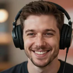 3 5 mm photo, bokeh, canon, joe rogan, closeup of face, smiling, wearing headphones