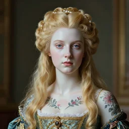 baroque portrait of a blonde princess of porceline skin, floral tattoos, cinematic lighting, photorealistic, octane render, 8 k, depth of field, art by francis bacon