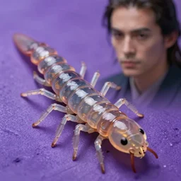 high quality close-up photo translucent gelatinous centipede! gorgeous highly detailed hannah yata elson peter cinematic purple lighting high quality low angle hd 8k sharp shallow depth of field