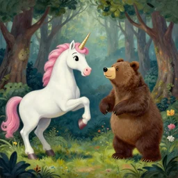 unicorn versus bear, enchanted forest, painting by gaston bussiere, craig mullins, j. c. leyendecker