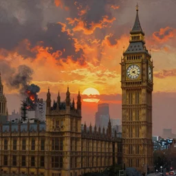 decrepit big ben in the foreground, a post apocalyptic london cityscape after a nuclear war, beautiful radioactive sunset lighting, beautiful painting, fallout, paint