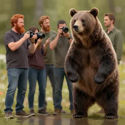 full - body portrait of bearded ginger man taking photos of bear, by donato giancola, craig mullins, jeremy mann, face details, extremely detailed, bokeh, photorealistic, reflections, digital illustration