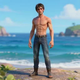 creepy uncanny valley full length portrait of a badly 3 d modeled man posing next to the ocean, rendered in bryce 3 d and daz, very ugly, ray - tracing, vibrant color, depth of field, cinematic lighting, sharp focus, rule of thirds, banned on artstation