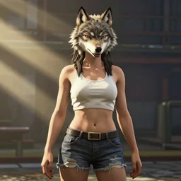 A screenshot from GTA V featuring an anime wolf girl, unreal engine, ray tracing, god rays, DAZ, 4K, UHD, octane render, cinematic, volumetric lightning, game engine, Kyoto Animation, Yen Press
