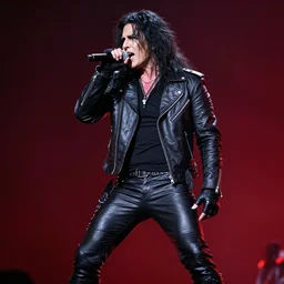 a portrait of a heavy metal singer with a messy long fringe hairstyle wearing a black leather jacket, black leather pants, black gloves and black boots singing into a microphone in front of a dark red and black background, digital art, trending on artstation, hyper detailed, top lighting,