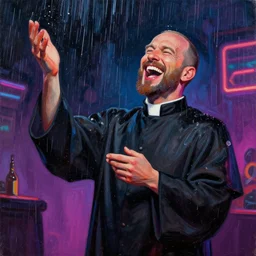 priest laughing while making it rain is a strip club, dark backgroun, neon colors, comic, oil painting, 4 k