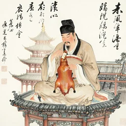 a chinese painting of a tang dynasty man sitting in a pagoda eating peiking duck, chinese calligraphic painting, watercolor, not japanese