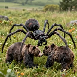 detailed photo of a giant black spider arachnid in a meadow, fighting a bear, spider legs large
