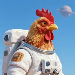 a chicken wearing a astronaut suit in a alien planet, profile picture, digital art, concept art, trending on DeviantArt, highly detailed, high quality, 4K, cartoon, high coherence, path traced, blue sky in the background, octane render, digital painting