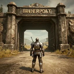 patrol of brotherhood of steel from fallout : new vegas game ahead of large bunker gate