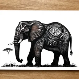 an elephant in the savannah, drawing, black silhouette, tribal style