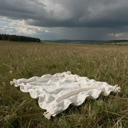 “small white linen blanket amongst a grassy prairie scene in August, muted colours, wide shot,”