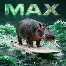 hippopotamus on a surfboard, surfing green waves of an alien ocean, digital art, octane render, imax, trending on artstation, dark mood