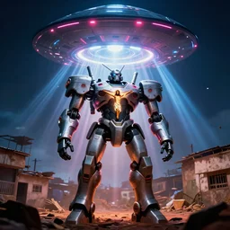 mecha ROBOT of AJEGUNLE SLUMS of Lagos inside african JESUS CHRIST about AESTHETICS surrounding large UFO within NEON rays of light, 35mm, f/1.4,