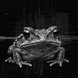 toad head, ryuta ueda artwork, breakcore, technical, abstract, interference, computers, vectors, gloom, space, frequency, subtle glitches, frogs, amphibians, fake geometry, data, minimal, code, cybernetic, style of jet set radio, dark, eerie, cyber
