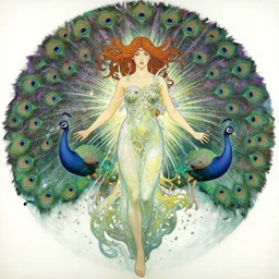 symmetry, portrait of beautiful woman, peacocks, green and purple spike aura in motion, floating pieces, painted art by tsuyoshi nagano, greg rutkowski, artgerm, alphonse mucha, spike painting