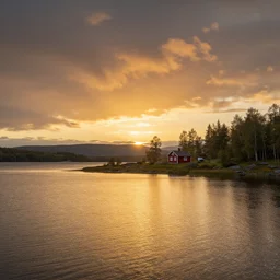landscape photography by jimmy nelson, swedish lake, golden sunset, dramatic lighting, small house by the lake, soft clouds, beautiful reflections, unreal engine 8 k