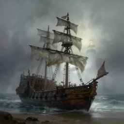 a pirate ship stranded on a beach with a lighthouse in the background, misty, foggy, volumetric light, dramatic, matte painting, by john atkinson grimshaw, artstation