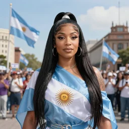 Nicki Minaj in a Argentina presidential rally forefront, background out of focus, Argentine flags waving, plaza de mayo, super detailed picture, hd