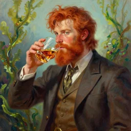Distinguished british ginger Merman Researcher (Nigel Thornberry) drinking the finest whiskey in a glass, Algae. Trending on ArtStation and Pixiv. A vibrant digital oil painting. A highly detailed fantasy character illustration by Wayne Reynolds and Charles Monet and Gustave Dore and Carl Critchlow and Bram Sels