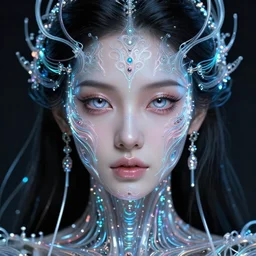 very beautiful woman, bionic pupils!, full face frontal centered, portrait, detailed intricate symmetrical ornate!!! neon cables connected to head, clear lips, luxurious long hair, sophisticated neon wiring and implants like jewlery, translucent!!!!, porcelain, fractal, sci fi, dramatic lighting, photography, highly detailed, artstation, deviantart, 8 k, by chie yoshii