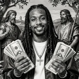 highly accurate cheef keef rapper holding stacks of cash, biblical image, style of gustave dore, highly detailed, beautiful, high contrast, black and white
