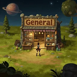 in front of a [ [ [ general store ] ] ] in a remote outpost, on an alien planet, from a space themed point and click 2 d graphic adventure game, set design inspired slightly by tomb raider, art inspired by [ [ thomas kinkade ] ] and abraham hunter