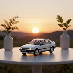 a small miniature of a Peugeot 309 Vital on a white table near a vase with a plant at sunset, 3d render, unreal engine 5, octane render, 4k, low contrast, ray tracing, serene landscape, calm, relaxing, beautiful landscape, highly detailed, high quality, product photo, hyperrealistic, concept art, symmetrical, centered, godrays