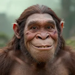 a smiling neanderthal with a missing tooth and face scar