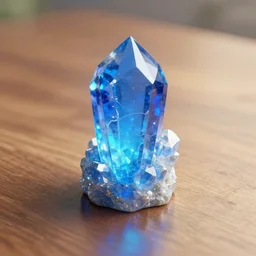 a blue cystal in the wood table in digital art