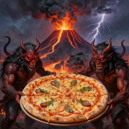 masked demons grabbing a large pizza!!!, in the background is a volcano spewing lava and black smoke, streams of glowing hot lava, flashes of lightning in the distance. wide angle, long shot, an ultrafine detailed painting by richard corben, deviantart, pop surrealism