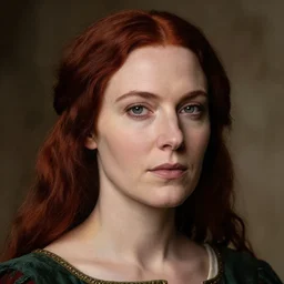 portrait of a medieval woman with dark red hair, high cheekbones and fair skin
