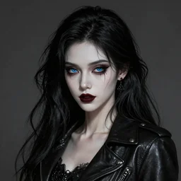 a beautiful woman with long black hair, blue eyes, gothic, intricate, elegant, dramatic lighting, gorgeous face, black leather jacket, highly detailed, lifelike, photorealistic, digital painting, artstation,  illustration, concept art, smooth, sharp focus, art by John Collier and Albert Aublet and Krenz Cushart and Artem Demura and Alphonse Mucha